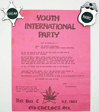 Item #39887 Youth International Party Communiqué #1 with two Yippie badges, ‘Freak’ and...