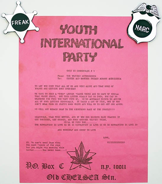 Item #39887 Youth International Party Communiqué #1 with two Yippie badges, ‘Freak’ and ‘Narc’, as issued. YIPPIE!
