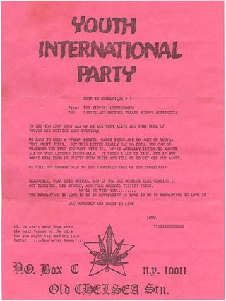 Youth International Party Communiqué #1 with two Yippie badges, ‘Freak’ and ‘Narc’, as issued.
