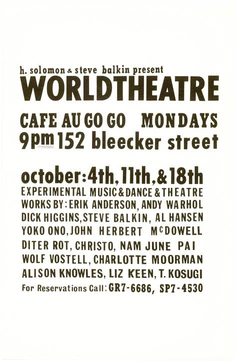 Flyer announcing “World Theatre” presented by H. Solomon & Steve Balkin at the. CAFE AU GO GO.