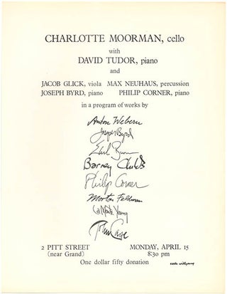 Item #39920 Flyer for Charlotte Moorman’s solo debut recital at 2 Pitt Street, New York City on...