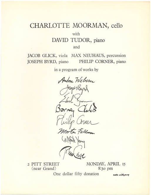 Flyer for Charlotte Moorman’s solo debut recital at 2 Pitt Street, New York City on April. Charlotte MOORMAN.