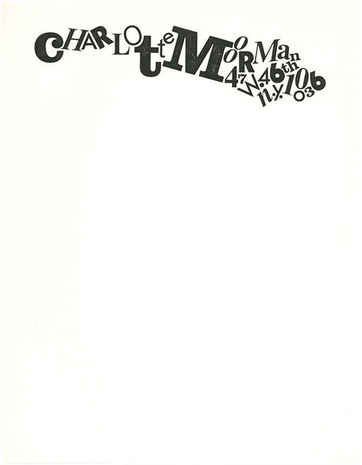 Item #39921 A sheet of Charlotte Moorman’s printed stationery with Fluxus-style letterhead. Charlotte MOORMAN.