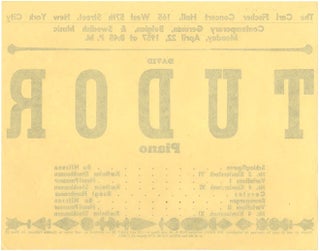 A small poster announcing a concert of “Contemporary German, Belgian, & Swedish Music” performed by solo pianist David Tudor at The Carl Fischer Concert Hall in New York City, April 22, 1957.