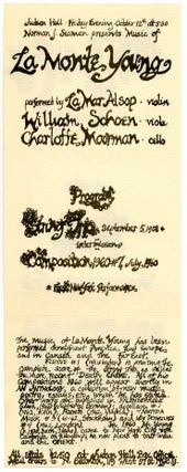 Item #39950 Flyer designed by Marian Zazeela announcing a concert of music by La Monte Young at...