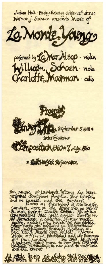 Item #39950 Flyer designed by Marian Zazeela announcing a concert of music by La Monte Young at the Judson Hall, New York City, October 12, 1962. La Monte YOUNG, Marian ZAZEELA.