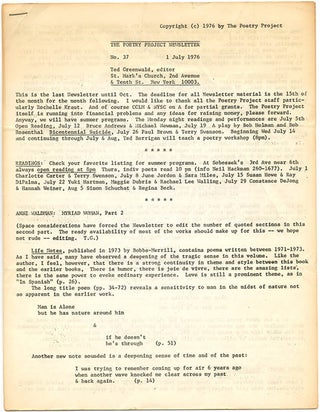 THE POETRY PROJECT NEWSLETTER #29, #33-37, #39-41 (NY: The Poetry Project, November 1, 1975 - January 1, 1977).