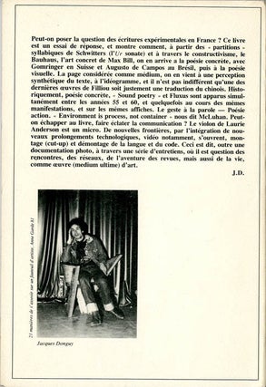Le Geste a la parole: entretiens avec Julien Blaine, Jean-Luc Parant, Bernard Heidsieck, Michèle Métail, Robert Filliou, Jean-François Bory.