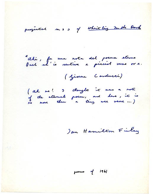 Item #40140 Manuscript for an unpublished collection titled “Whistling in the Dark: Poems of 1961”. Ian Hamilton FINLAY.