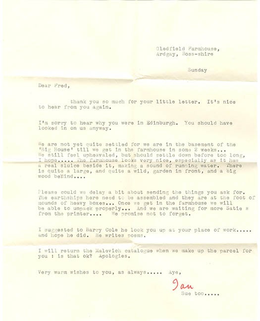 Item #40148 Typed Letter Signed to Fred Hunter, dated June 6th, 1965. Ian Hamilton FINLAY.