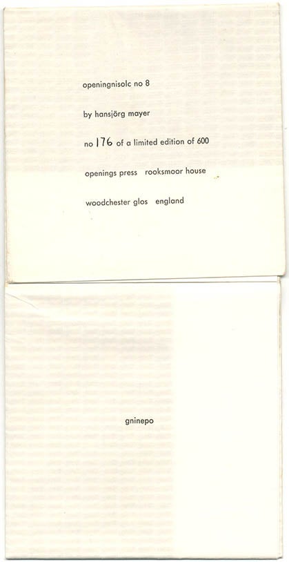 Item #40174 OPENING 8: Openingnisolc No 8 by Hansjörg Mayer (Woodchester, Glos: Openings Press, 1966).