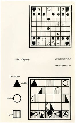 Three cream-coloured quarto-size sheets of paper printed offset-litho in black on rectos only, reproducing six visual poems, one by each of the contributors.