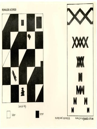 Three cream-coloured quarto-size sheets of paper printed offset-litho in black on rectos only, reproducing six visual poems, one by each of the contributors.