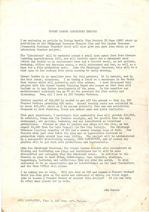 Item #40211 An early circular letter by Jim Haynes, originally sent to about 800 people, in which he outlines his plans for a “Covent Garden Laboratory Theatre” and solicits funding from potential founder members. The ARTS LAB.