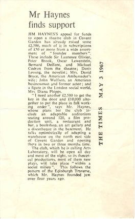 An early circular letter by Jim Haynes, originally sent to about 800 people, in which he outlines his plans for a “Covent Garden Laboratory Theatre” and solicits funding from potential founder members.