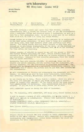 An early circular letter by Jim Haynes, originally sent to about 800 people, in which he outlines his plans for a “Covent Garden Laboratory Theatre” and solicits funding from potential founder members.