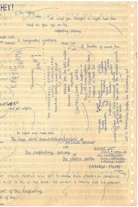 Two holograph manuscripts, the first by Galaxy member Edward Pope, written out over three large sheets of dot matrix computer paper, and the second (unattributed) on a further sheet, arranged diagrammatically and incorporating various aphoristic statements. Undated (c. July/August 1967).