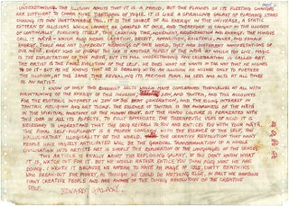Two holograph manuscripts, the first by Galaxy member Edward Pope, written out over three large sheets of dot matrix computer paper, and the second (unattributed) on a further sheet, arranged diagrammatically and incorporating various aphoristic statements. Undated (c. July/August 1967).