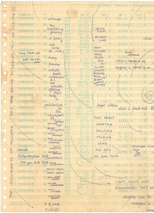 Two holograph manuscripts, the first by Galaxy member Edward Pope, written out over three large sheets of dot matrix computer paper, and the second (unattributed) on a further sheet, arranged diagrammatically and incorporating various aphoristic statements. Undated (c. July/August 1967).
