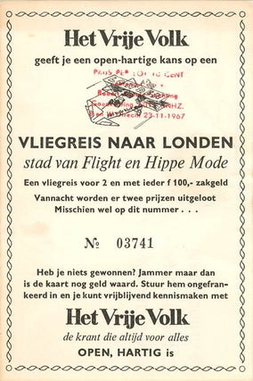 Flyer + ticket for the Flight to Lowlands’ Paradise, Magriethal of the Jaarbeurs, Utrecht, November 24th-25th, 1967.
