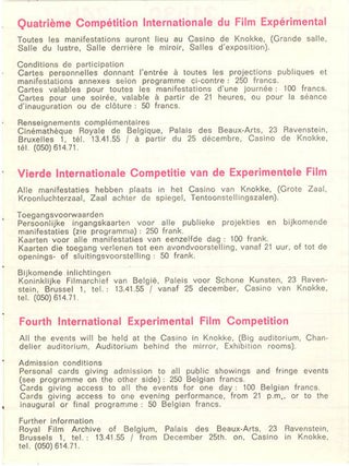 EXPRMNTL 4. Catalogue for the 4th Knokke Experimental Film Festival, held in Knokke-le-Zoute, Belgium, December 25th, 1967-January 2nd, 1968.