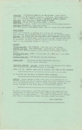 A group of eight Arts Lab schedules and cinema programmes, c. January-November 1968, together with Arts Lab notes for programmes of films by Kenneth Anger, Michael Snow, Paul Haines and Jose Soltero, and Wheeler Dixon’s notes for an early animation retrospective.