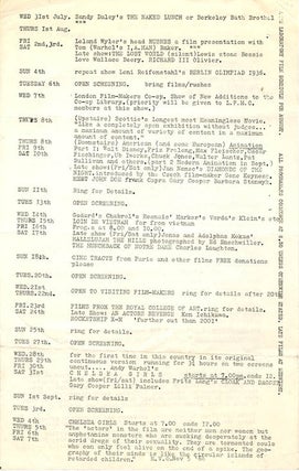 A group of eight Arts Lab schedules and cinema programmes, c. January-November 1968, together with Arts Lab notes for programmes of films by Kenneth Anger, Michael Snow, Paul Haines and Jose Soltero, and Wheeler Dixon’s notes for an early animation retrospective.