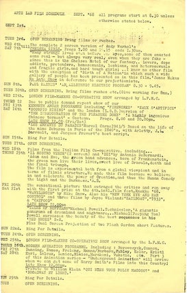 A group of eight Arts Lab schedules and cinema programmes, c. January-November 1968, together with Arts Lab notes for programmes of films by Kenneth Anger, Michael Snow, Paul Haines and Jose Soltero, and Wheeler Dixon’s notes for an early animation retrospective.