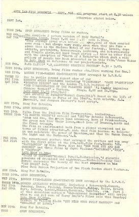 A group of eight Arts Lab schedules and cinema programmes, c. January-November 1968, together with Arts Lab notes for programmes of films by Kenneth Anger, Michael Snow, Paul Haines and Jose Soltero, and Wheeler Dixon’s notes for an early animation retrospective.