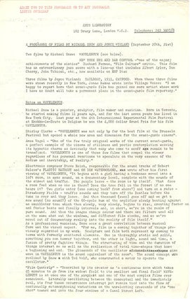 A group of eight Arts Lab schedules and cinema programmes, c. January-November 1968, together with Arts Lab notes for programmes of films by Kenneth Anger, Michael Snow, Paul Haines and Jose Soltero, and Wheeler Dixon’s notes for an early animation retrospective.