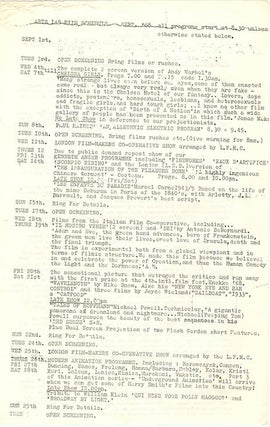 A group of eight Arts Lab schedules and cinema programmes, c. January-November 1968, together with Arts Lab notes for programmes of films by Kenneth Anger, Michael Snow, Paul Haines and Jose Soltero, and Wheeler Dixon’s notes for an early animation retrospective.