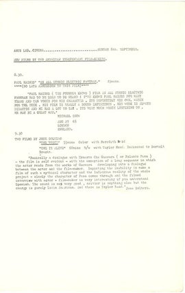 A group of eight Arts Lab schedules and cinema programmes, c. January-November 1968, together with Arts Lab notes for programmes of films by Kenneth Anger, Michael Snow, Paul Haines and Jose Soltero, and Wheeler Dixon’s notes for an early animation retrospective.
