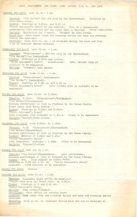 A group of eight Arts Lab schedules and cinema programmes, c. January-November 1968, together with Arts Lab notes for programmes of films by Kenneth Anger, Michael Snow, Paul Haines and Jose Soltero, and Wheeler Dixon’s notes for an early animation retrospective.