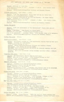 A group of eight Arts Lab schedules and cinema programmes, c. January-November 1968, together with Arts Lab notes for programmes of films by Kenneth Anger, Michael Snow, Paul Haines and Jose Soltero, and Wheeler Dixon’s notes for an early animation retrospective.