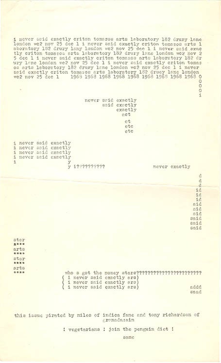 Item #40231 A flyer by Criton Tomazos issued to accompany an exhibition of the artwork from his graphic poem, ‘I Never Said Exactly’, organised by Pamela Zoline and Biddy Peppin at the Arts Lab gallery, November 25th-December 1st (1968). The ARTS LAB.
