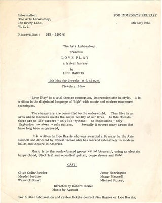 Publicity photo + a press release dated May 5th, 1969 announcing the presentation of Lee Harris’s ‘Love Play - a lyrical fantasy’ at the Arts Lab for two weeks, beginning May 13th.