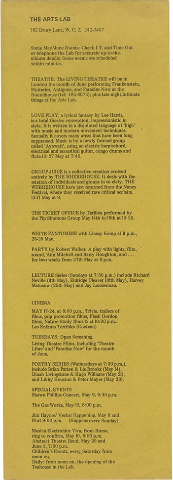 Item #40240 Printed schedule for the Arts Lab, Drury Lane, May-June, 1969. The ARTS LAB.