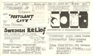 A group of thirteen schedules and advertisement flyers for film screenings (which predominate), theatrical events, music concerts, workshops and exhibitions, November 4th, 1969-March 21st, 1971.