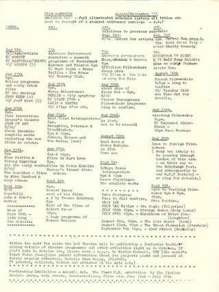 A group of thirteen schedules and advertisement flyers for film screenings (which predominate), theatrical events, music concerts, workshops and exhibitions, November 4th, 1969-March 21st, 1971.