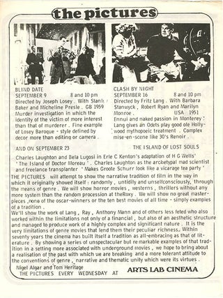 A group of thirteen schedules and advertisement flyers for film screenings (which predominate), theatrical events, music concerts, workshops and exhibitions, November 4th, 1969-March 21st, 1971.