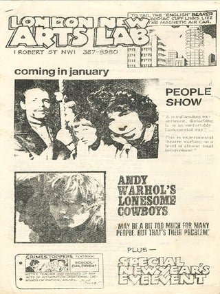 A group of thirteen schedules and advertisement flyers for film screenings (which predominate), theatrical events, music concerts, workshops and exhibitions, November 4th, 1969-March 21st, 1971.