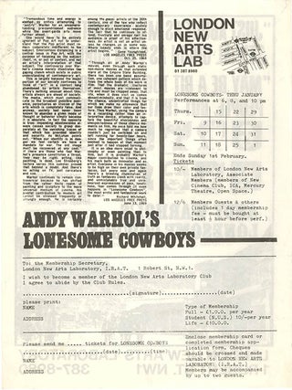 A group of thirteen schedules and advertisement flyers for film screenings (which predominate), theatrical events, music concerts, workshops and exhibitions, November 4th, 1969-March 21st, 1971.
