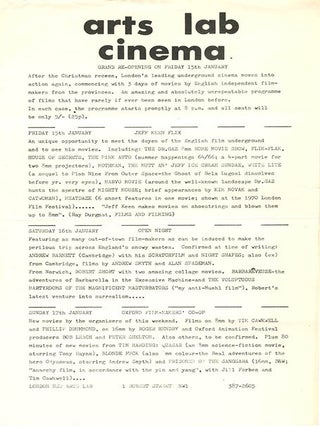 A group of thirteen schedules and advertisement flyers for film screenings (which predominate), theatrical events, music concerts, workshops and exhibitions, November 4th, 1969-March 21st, 1971.