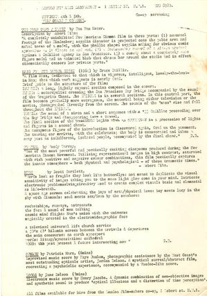 A group of thirteen schedules and advertisement flyers for film screenings (which predominate), theatrical events, music concerts, workshops and exhibitions, November 4th, 1969-March 21st, 1971.