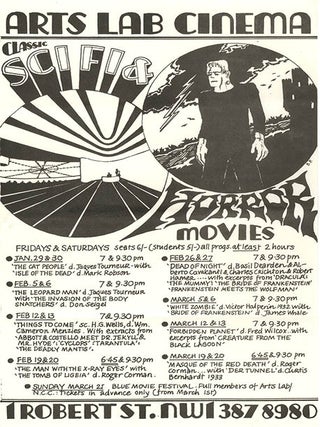 A group of thirteen schedules and advertisement flyers for film screenings (which predominate), theatrical events, music concerts, workshops and exhibitions, November 4th, 1969-March 21st, 1971.