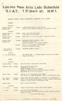 A group of thirteen schedules and advertisement flyers for film screenings (which predominate), theatrical events, music concerts, workshops and exhibitions, November 4th, 1969-March 21st, 1971.