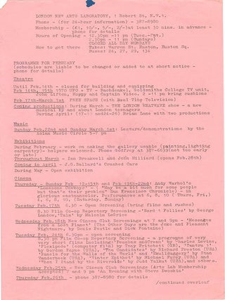A group of thirteen schedules and advertisement flyers for film screenings (which predominate), theatrical events, music concerts, workshops and exhibitions, November 4th, 1969-March 21st, 1971.