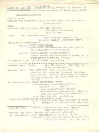 A group of thirteen schedules and advertisement flyers for film screenings (which predominate), theatrical events, music concerts, workshops and exhibitions, November 4th, 1969-March 21st, 1971.