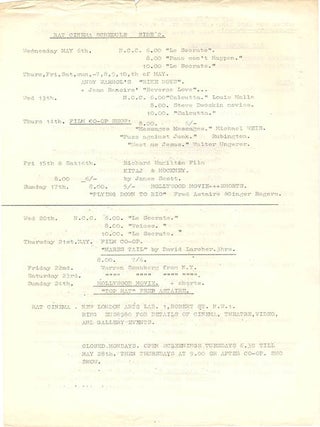 A group of thirteen schedules and advertisement flyers for film screenings (which predominate), theatrical events, music concerts, workshops and exhibitions, November 4th, 1969-March 21st, 1971.
