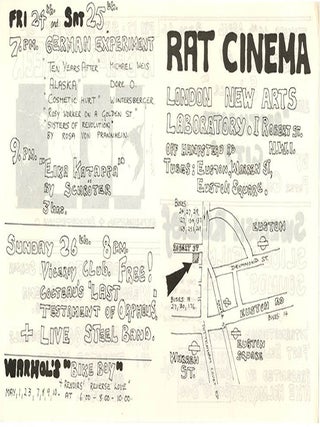 A group of thirteen schedules and advertisement flyers for film screenings (which predominate), theatrical events, music concerts, workshops and exhibitions, November 4th, 1969-March 21st, 1971.